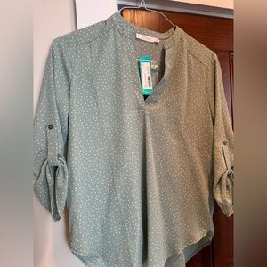Lush Sage Green Dot Split-Neck Blouse